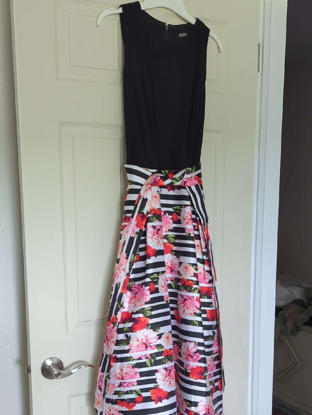 SLNY Black Bodice Striped Floral Maxi Dress with Pink & Red Flowers